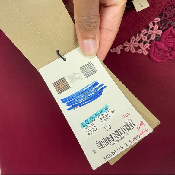 Burberry London Macrame Yoke 3/4 Sleeve Dress Carmine Red Size Large - Picture 8 of 14